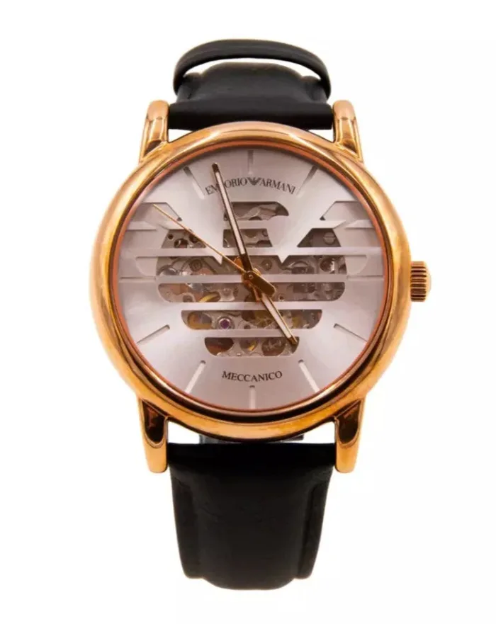 Emporio Armani Meccanico Skeleton Silver Dial Black Leather Strap Watch For Men - AR60031 - Image 3